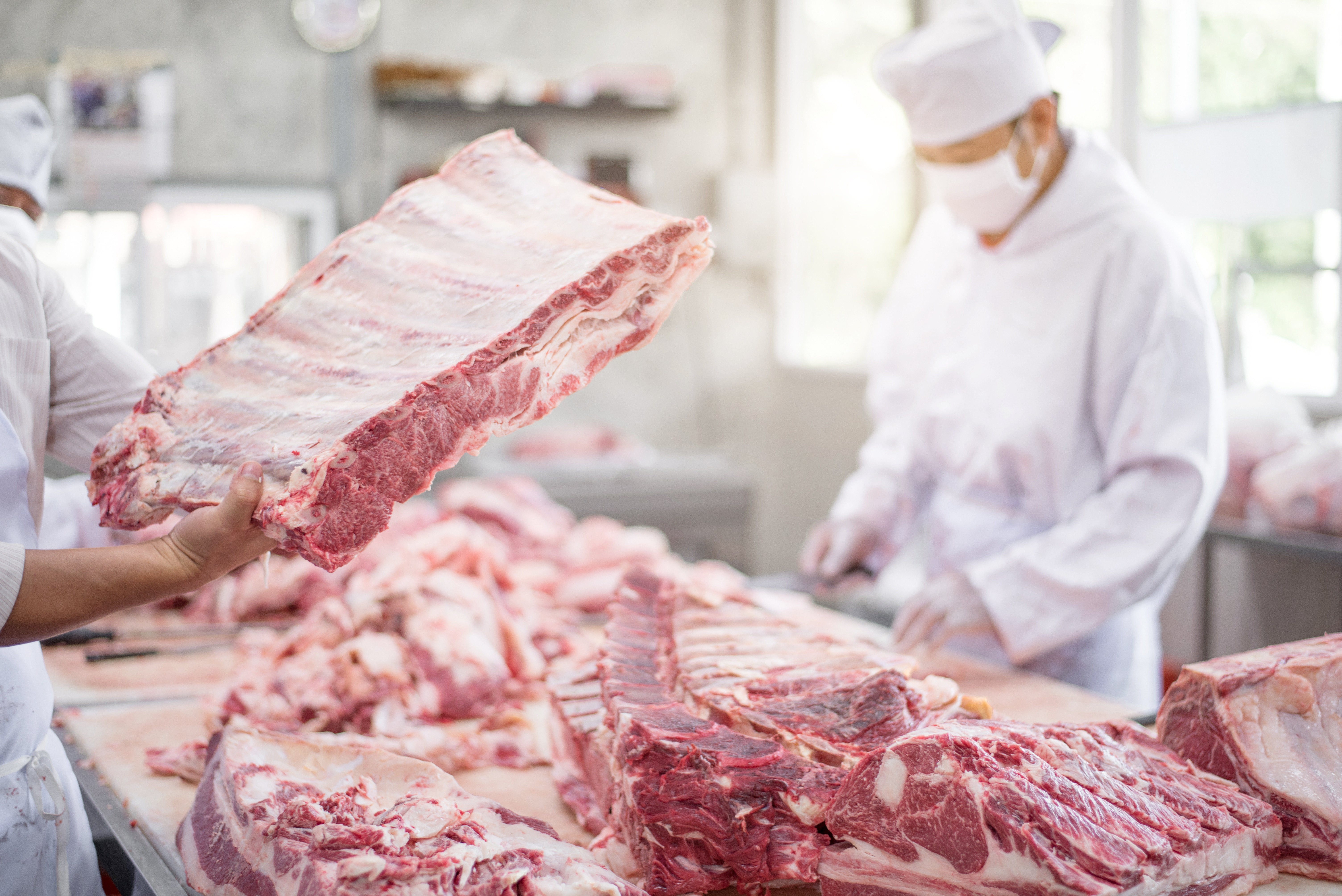 Butcher cutting pork meat food industry concept
