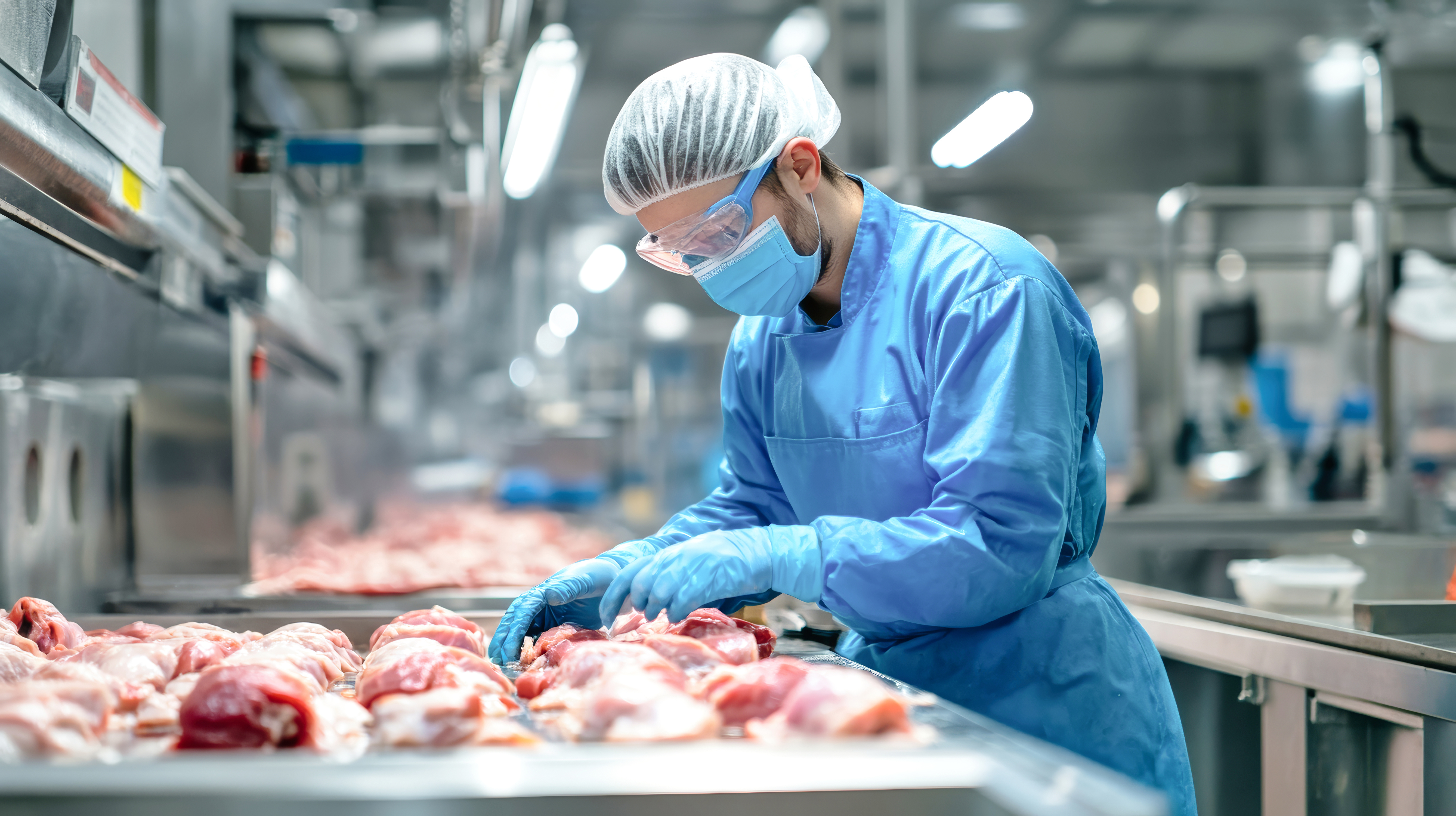 A dedicated worker in blue gear skillfully prepares chicken meat on a busy processing line, showcasing the raw intricacies of food production.